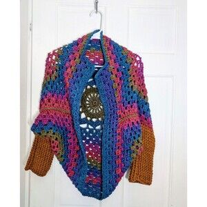 Handmade Crochet Boho Mandala Cocoon Cardigan Shrug - Jewel Tones - One Size